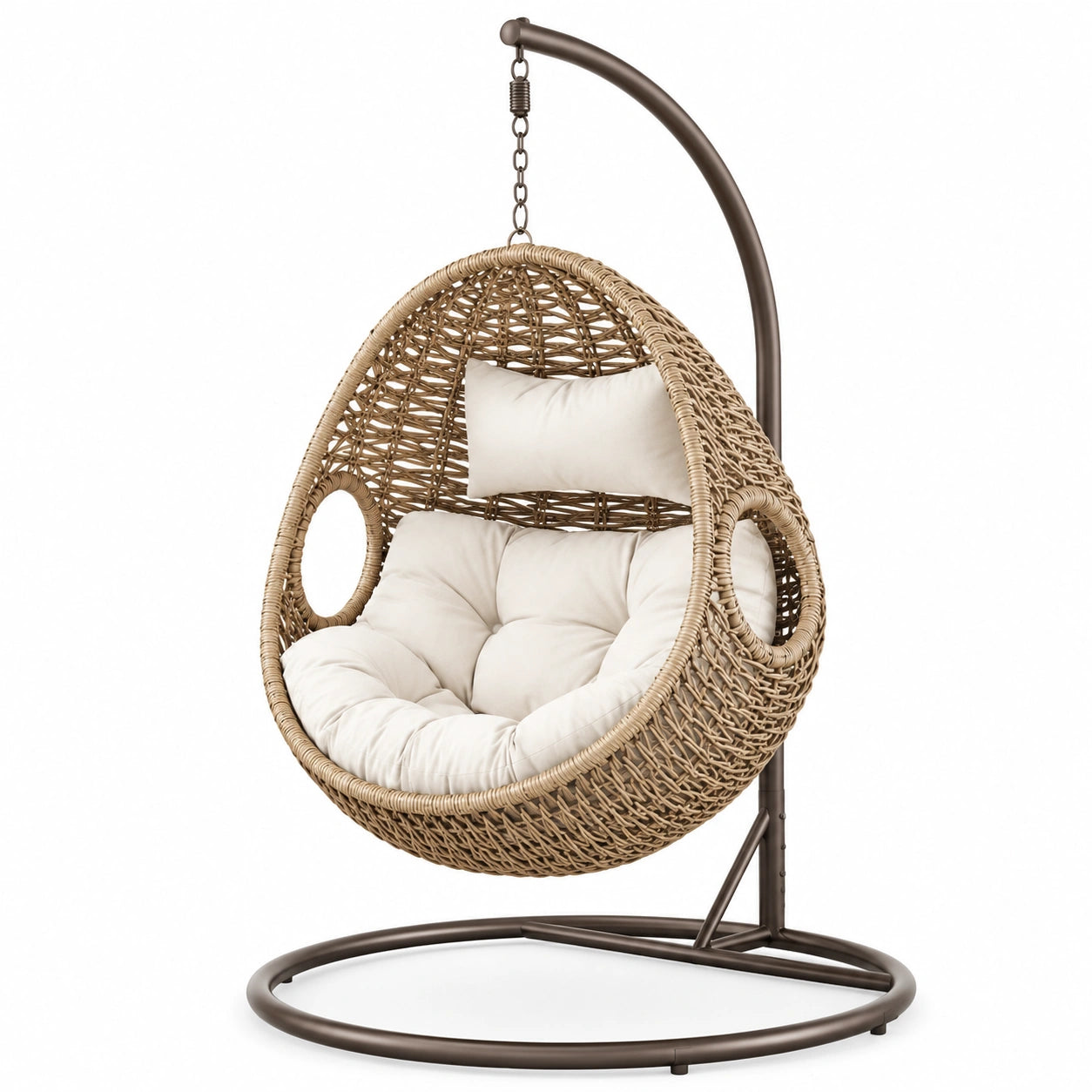 Sillón colgante de ratán sintético y cojines de algodón