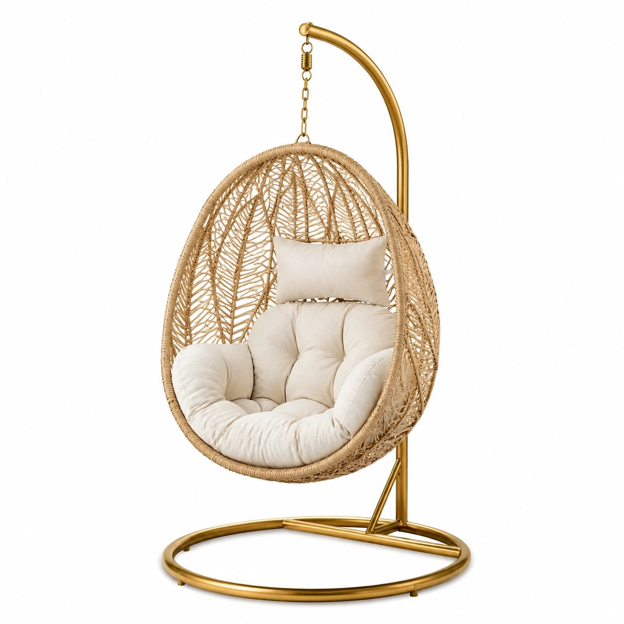 Sillón colgante de mimbre sintético con cojín de poliéster y estructura de acero beige