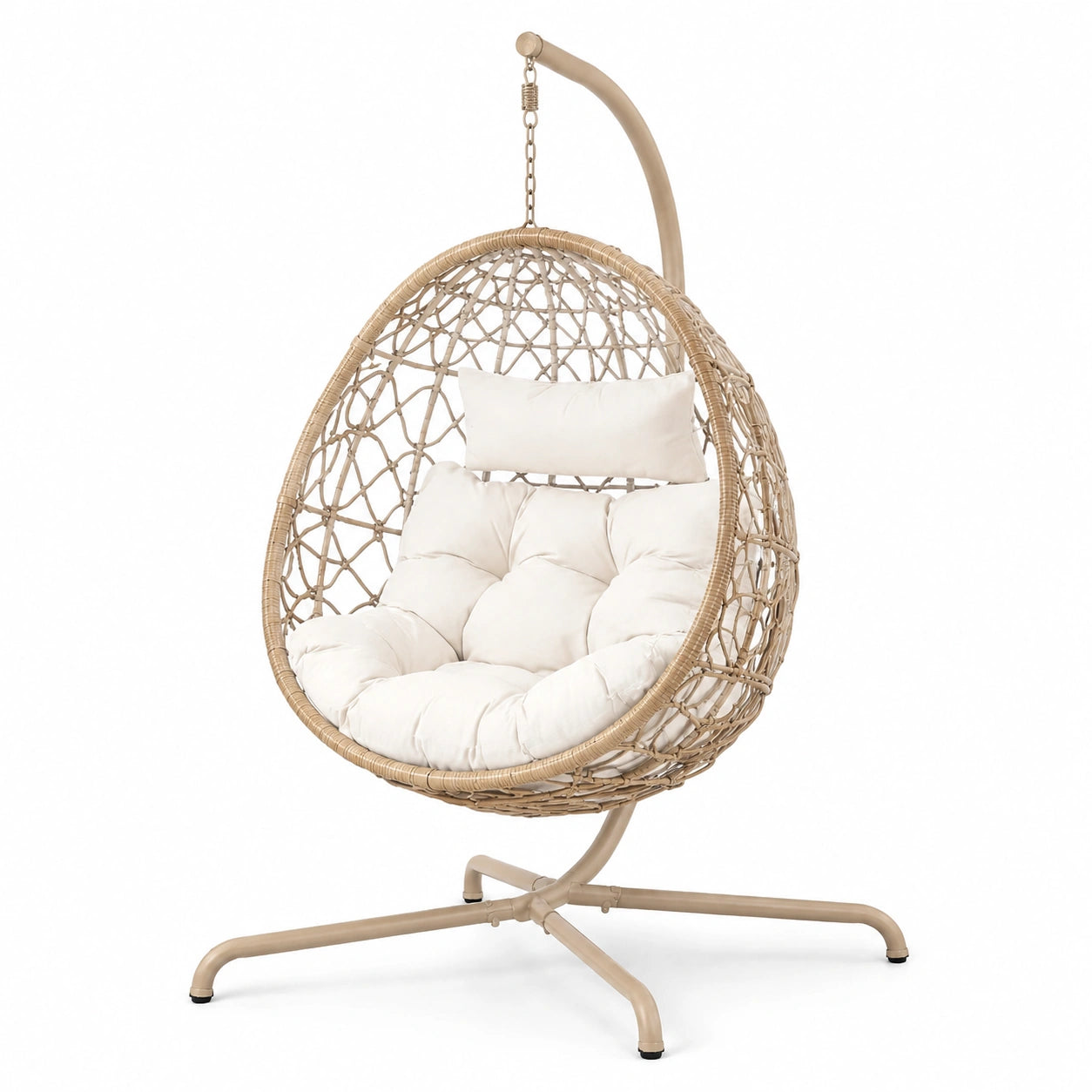 Silla colgante de ratán sintético beige con cojines de poliéster crema