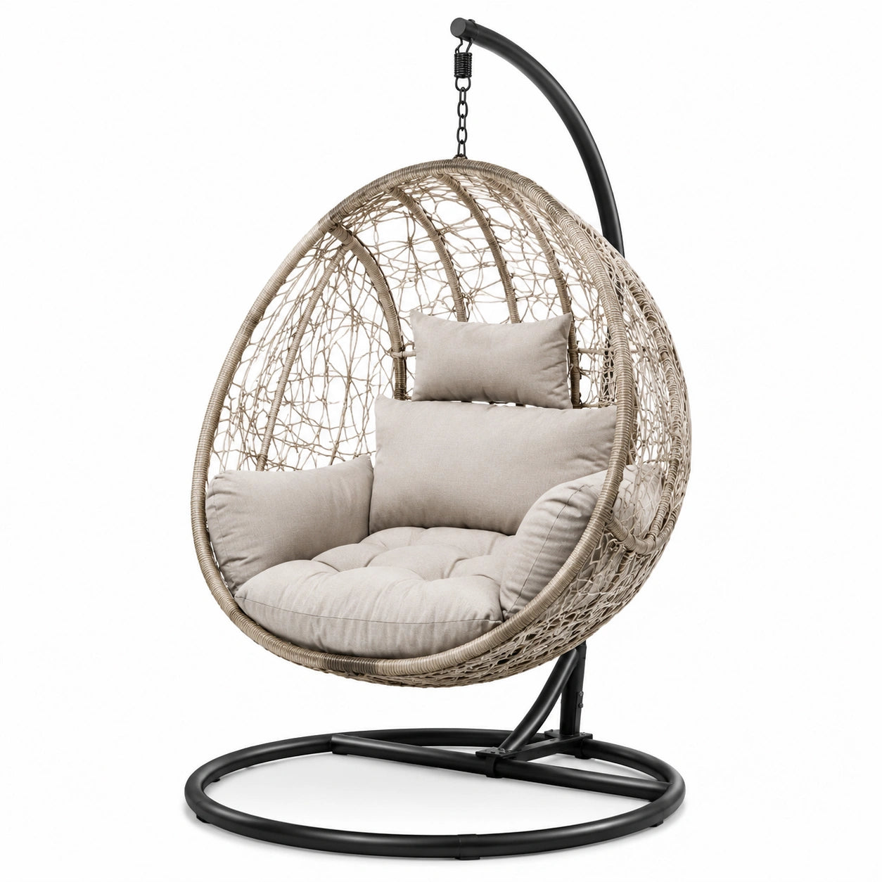 Sillón colgante de ratán sintético con cojines color beige, altura 195 cm