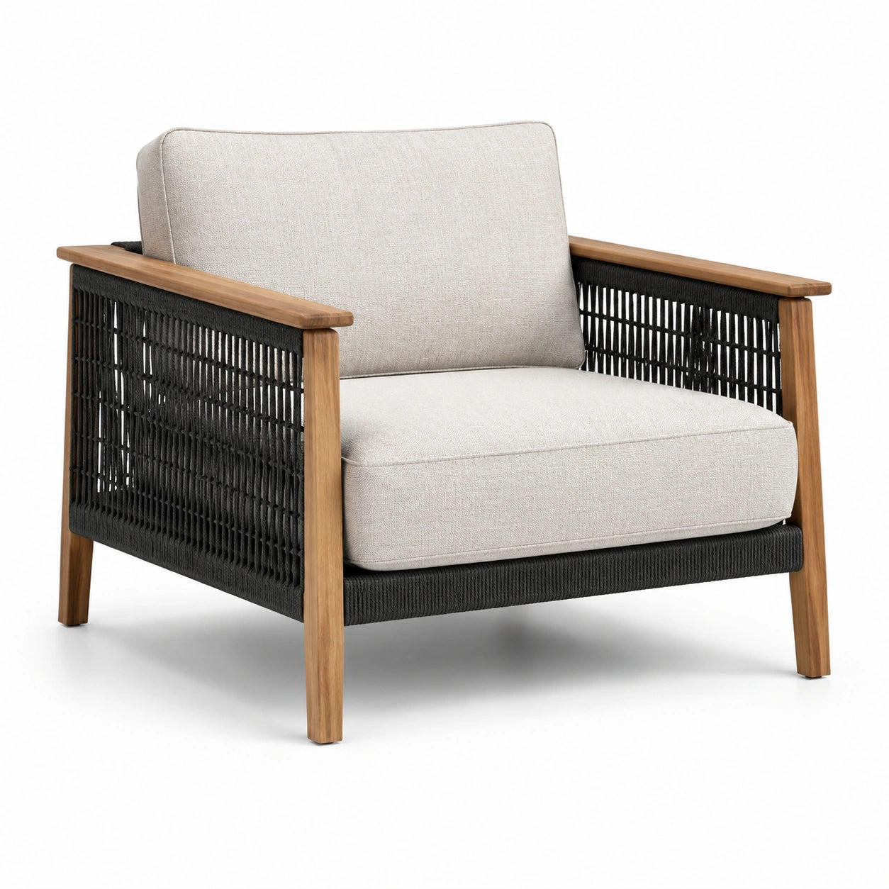Sillón de teca y cuerda sintética beige y negro