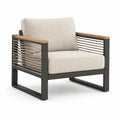 Sillón de aluminio y teca con cojines de poliéster gris y beige