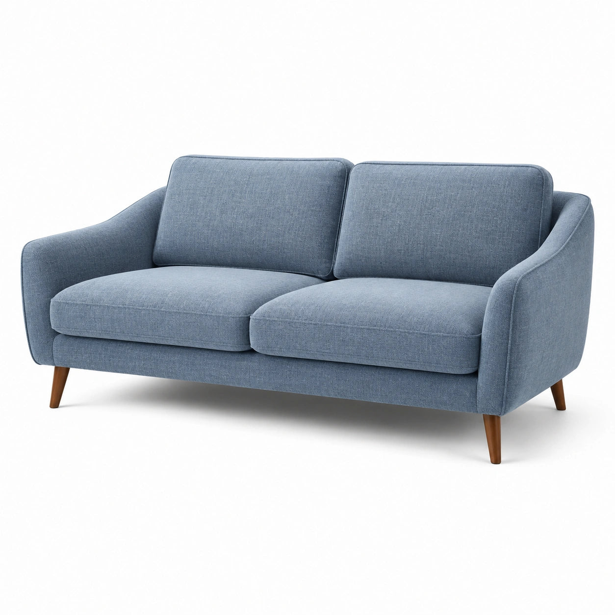 Sofá de tela azul con patas de madera de haya