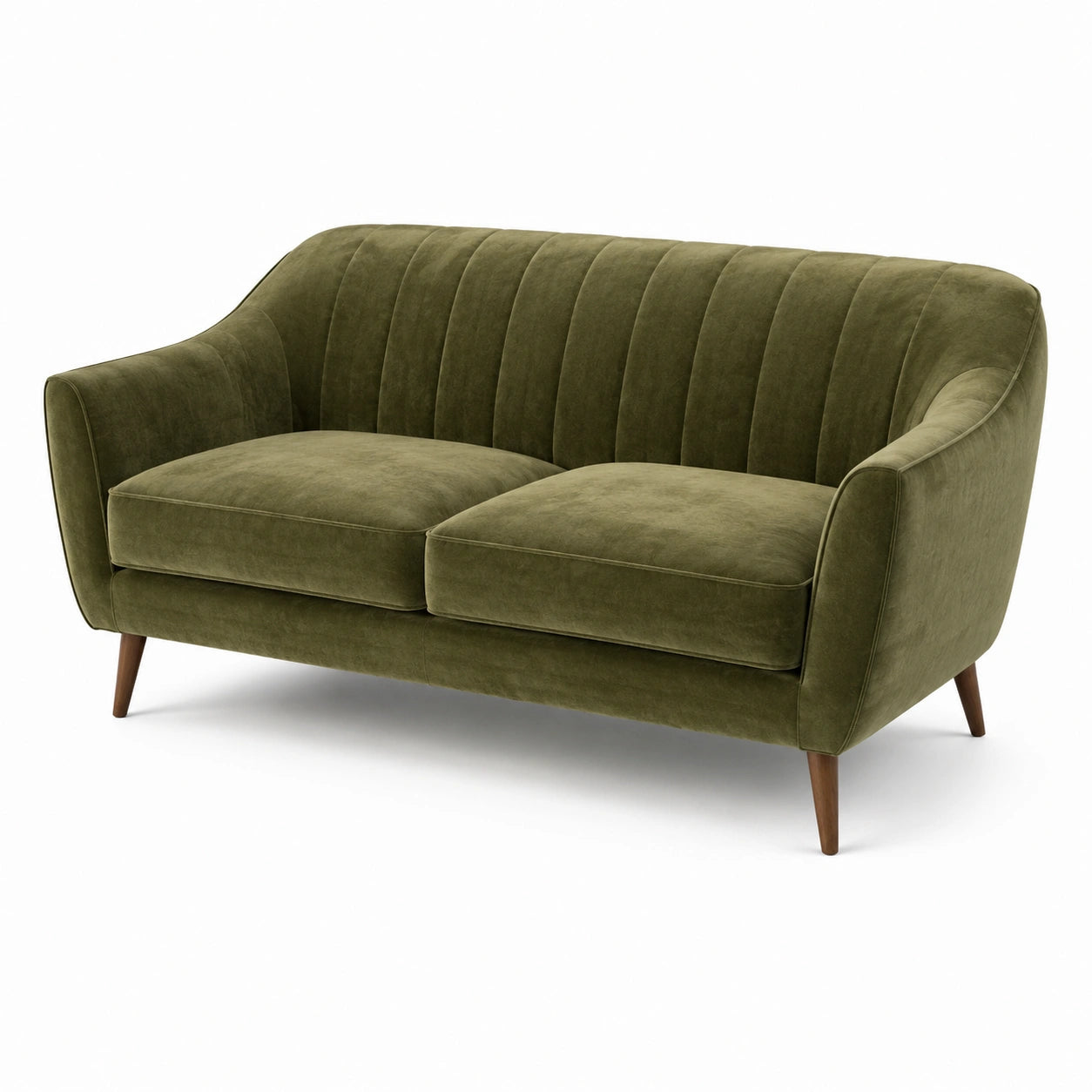 Sofá de terciopelo verde oliva con patas de madera