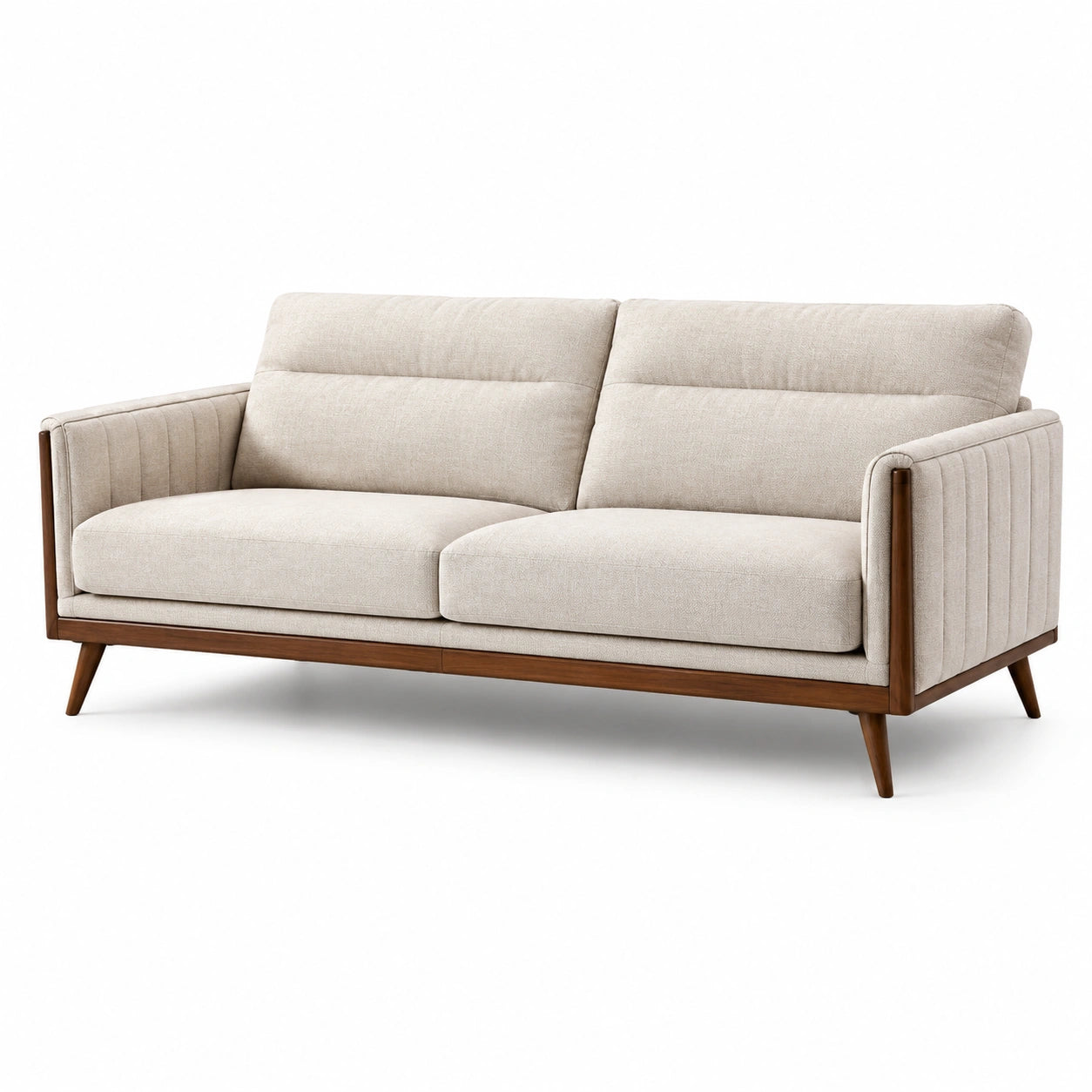 Sofá de Tela Beige con Estructura de Madera de Roble