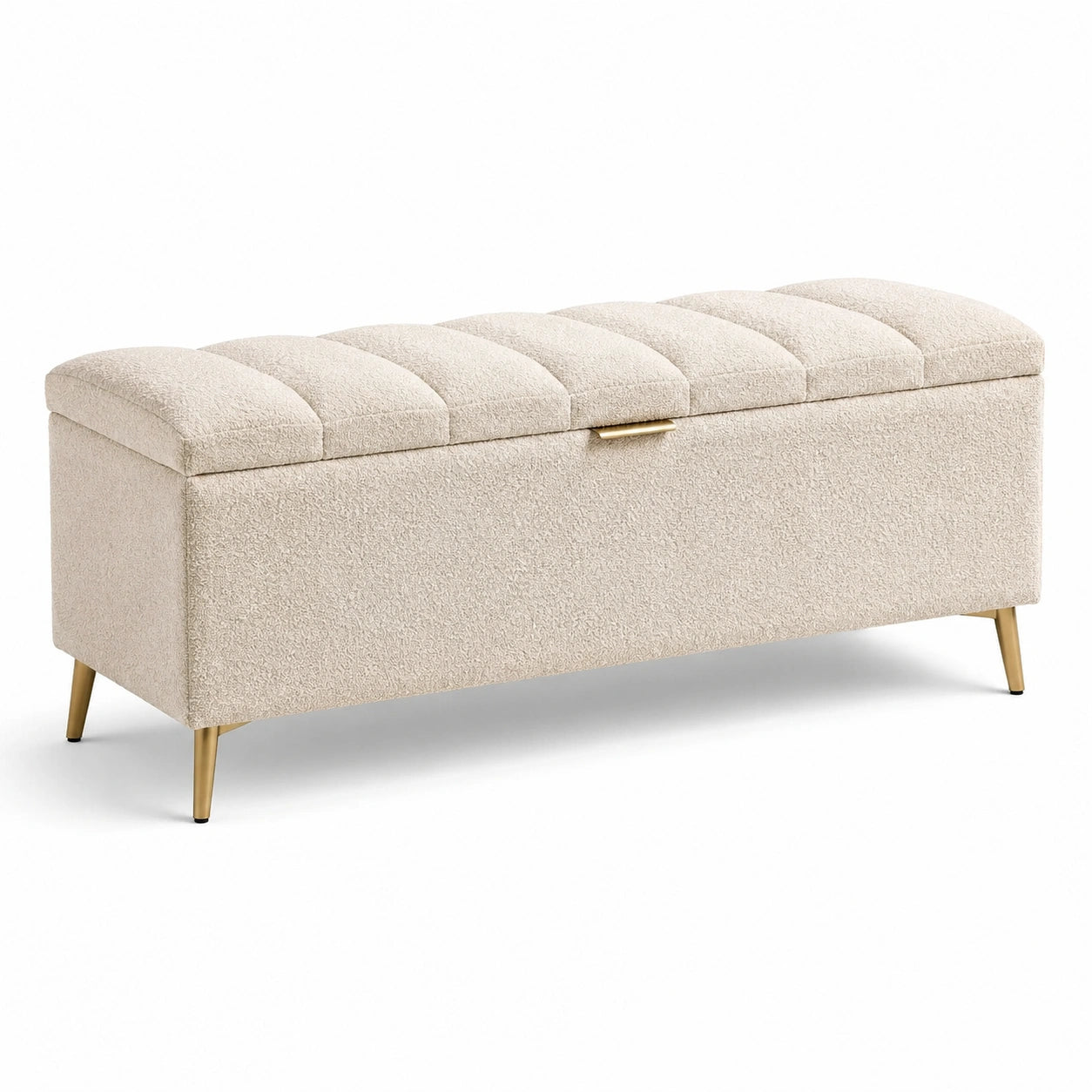 Banco de tela beige con patas metálicas y almacenamiento