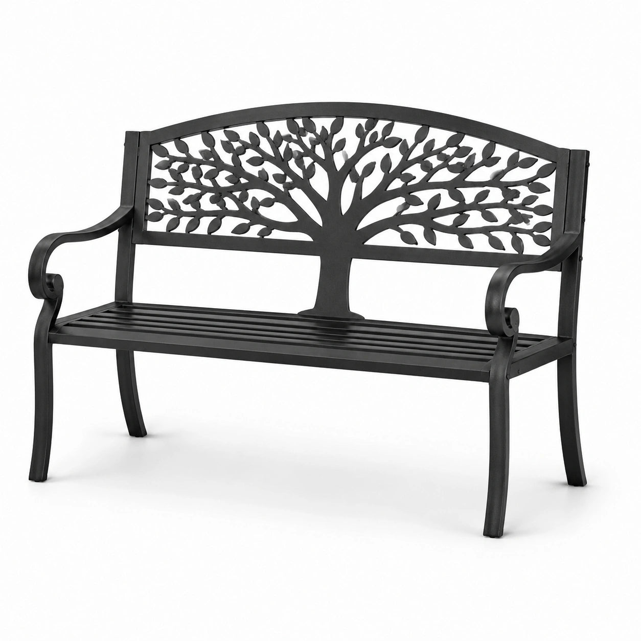 Banco de metal con respaldo decorativo de árbol, negro