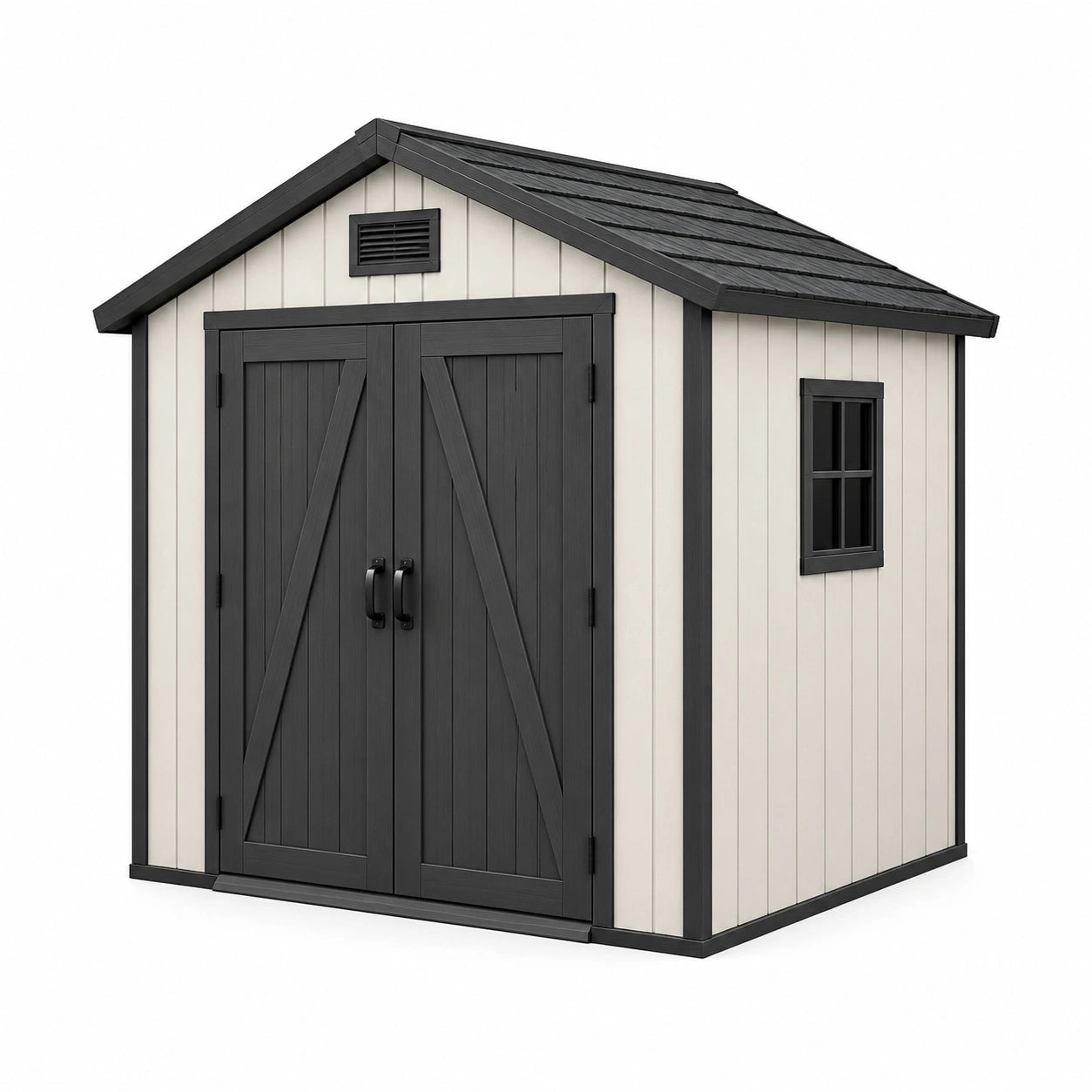 Cobertizo de resina con ventana y puertas dobles, beige/gris, 210x180x240 cm