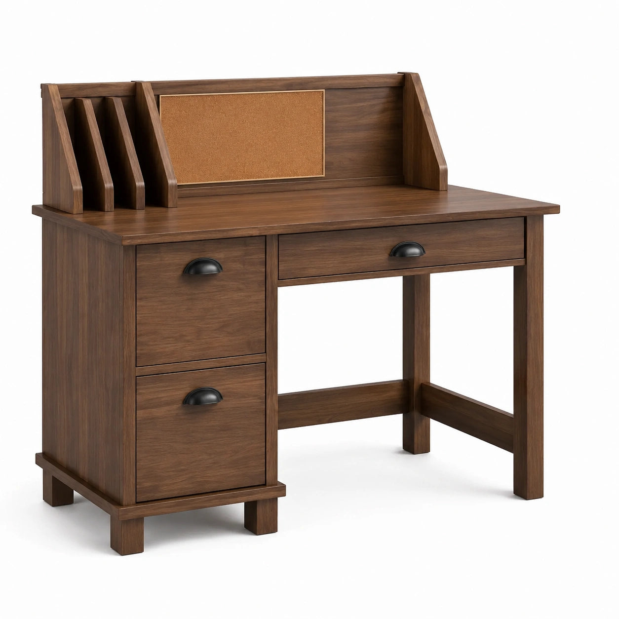 Escritorio de madera con cajones y tablero de corcho