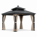 Pérgola de aluminio con techo de metal y cortinas beige 3x3m
