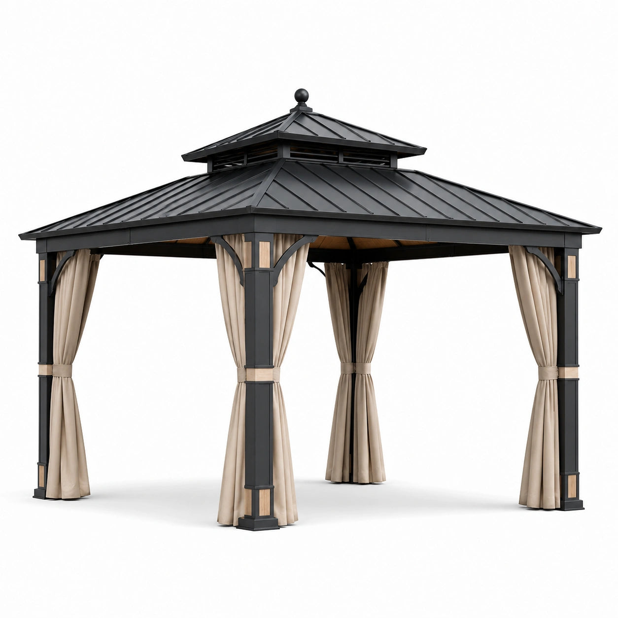 Pérgola de aluminio con techo de metal y cortinas beige 3x3m