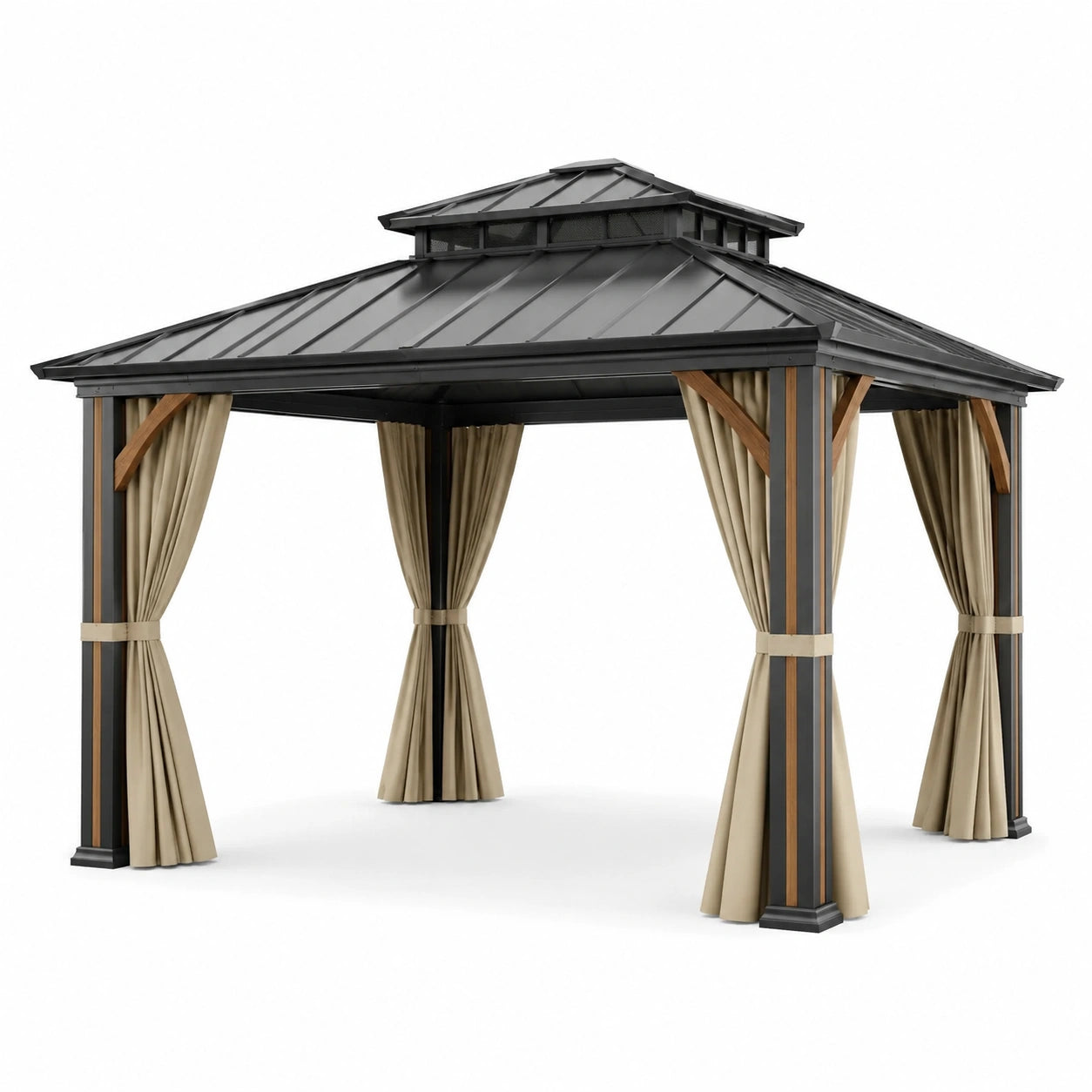 Pérgola de Metal con Cortinas de Poliéster Negro/Beige