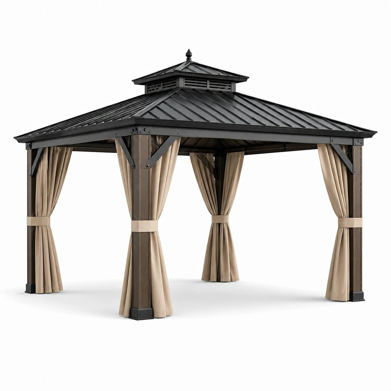 Pabellón de Jardín de Aluminio con Techo de Acero y Cortinas de Poliéster, 3x3m