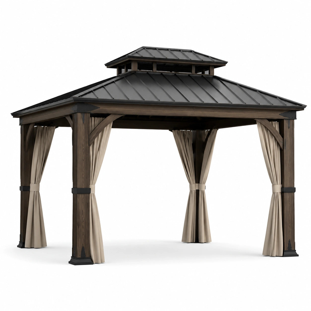 Gazebo de Madera de Cedro y Acero con Cortinas de Poliéster