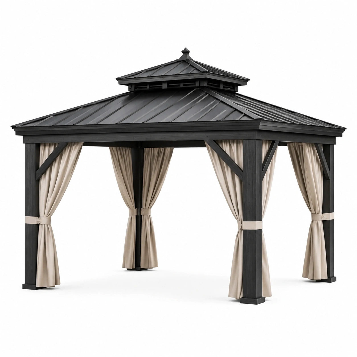 Gazebo de Metal con Techo de Acero y Cortinas de Tela Beige 3x3m Negro